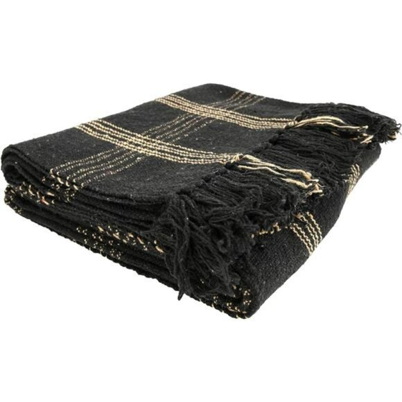 Plaid woven cotton throw blanket black tan fringe farmhouse rustic home decor 60 - Picture 7 of 8
